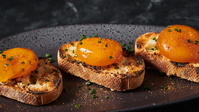Vietnamese Cajun Soft Cured Egg Crostini