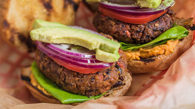 BLACK BEAN VEGGIE BURGER WITH SMOKY HUMMUS SPREAD