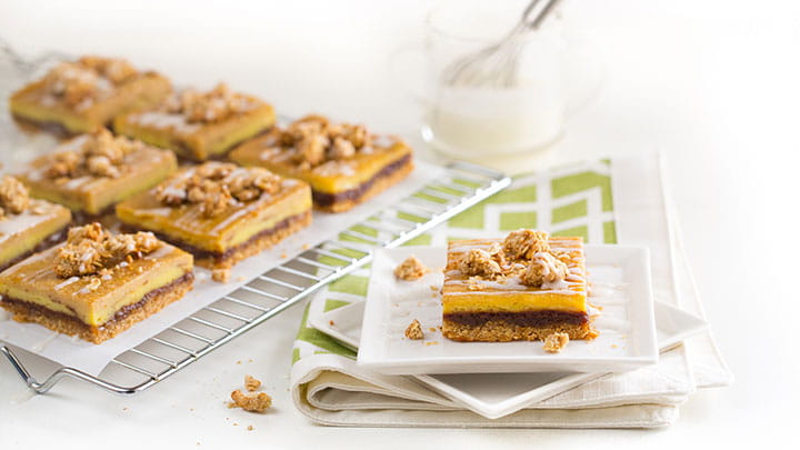 Cinnamon Oatmeal Custard Bars with Rum Raisin Sauce