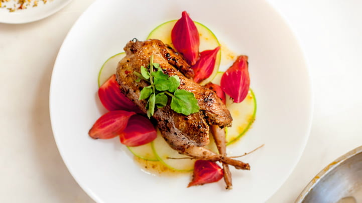 Fig Stuffed Quail with Pickled Beets and Apple Salad