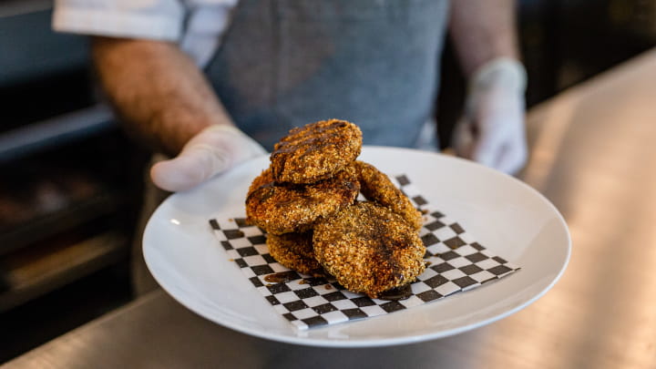 Fried Pickled Green Tomatoes with Black Pepper Gastrique