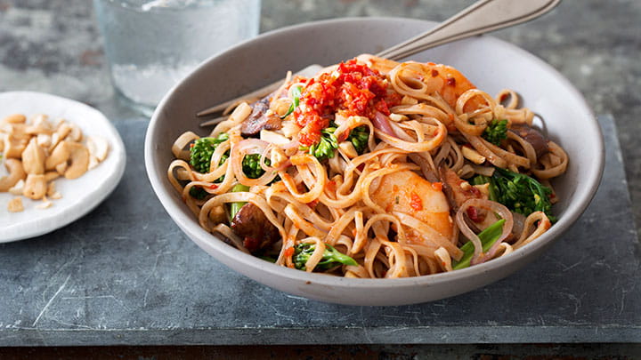 Sambal Noodles with Shrimp and Chinese Broccoli
