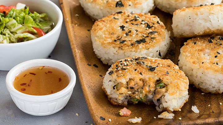 Sesame and 7 Spice Chicken Rice Balls with Kimchee