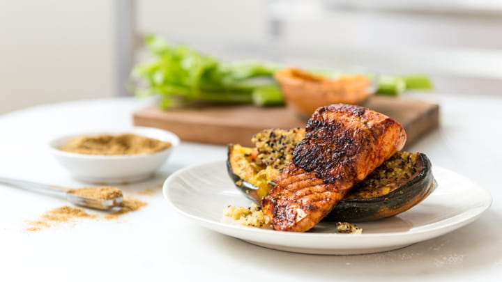 Spice Rubbed Pickerel with Quinoa Stuffed Squash
