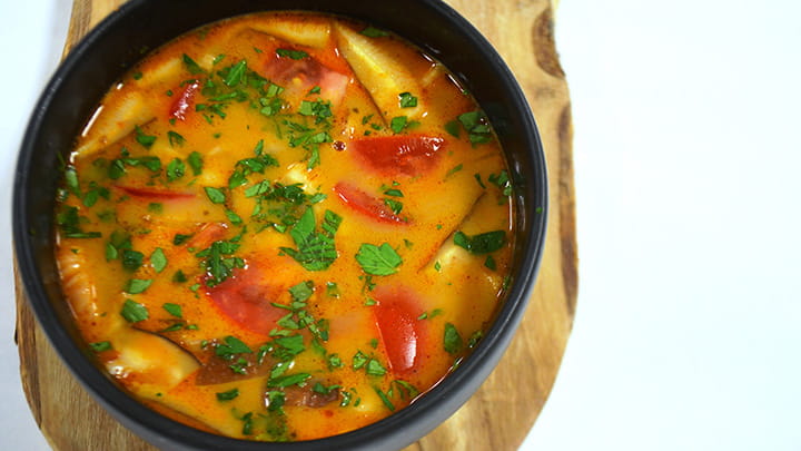 Thai Red Curry Coconut Soup with Grilled Chili Ginger Garlic Chicken