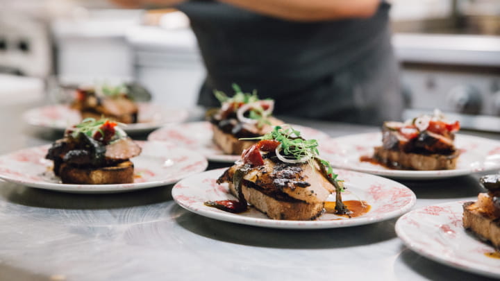 Wild Whiskey Smoked BBQ Glazed Pork Jowl on Toast and Charred Peppers