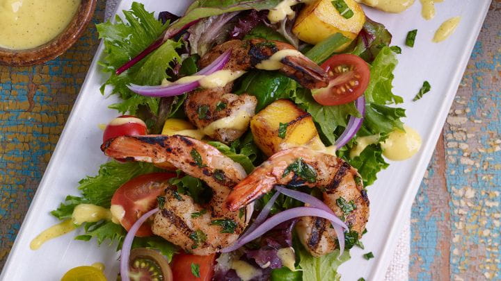 Grilled Tandoori Shrimp Salad with Mango Dressing