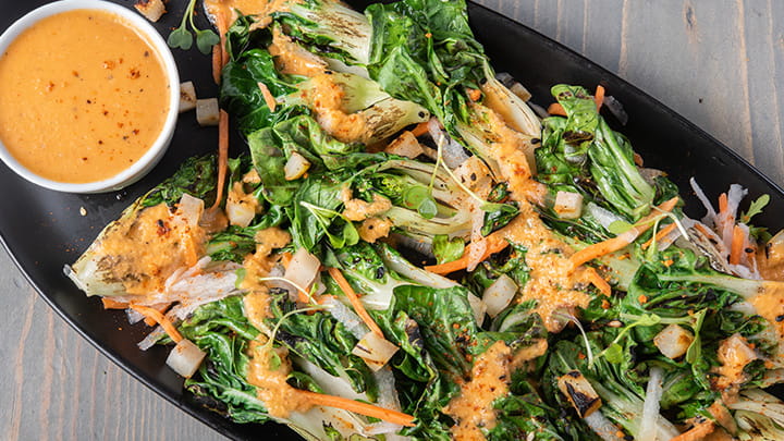 Grilled Bok Choy Salad with Spicy Ginger Dressing