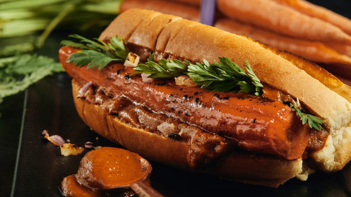 Carrot Hot Dog with Charred Tomato Ketchup