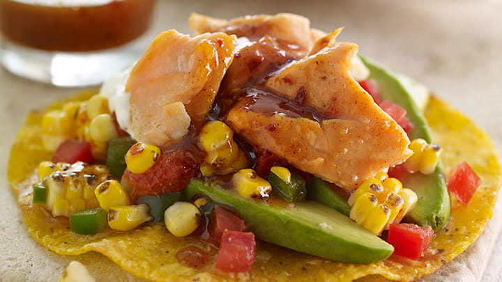 Salmon Tostada with Charred Corn Relish