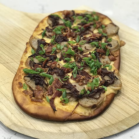 Beer Cheese and Bratwurst Pretzel Flatbread
