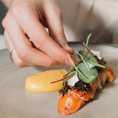 Poached Lobster Tail Puffed Rice and Green Curry Rutabaga