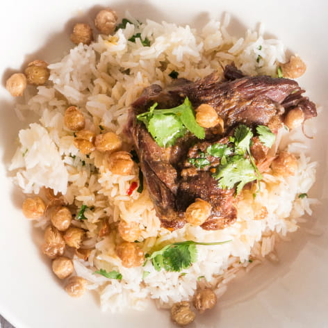 Curry Goat with Rice and Fried Chickpeas