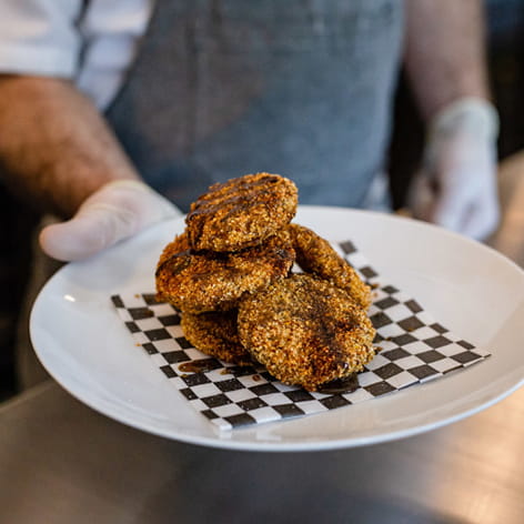 Fried Pickled Green Tomatoes with Black Pepper Gastrique