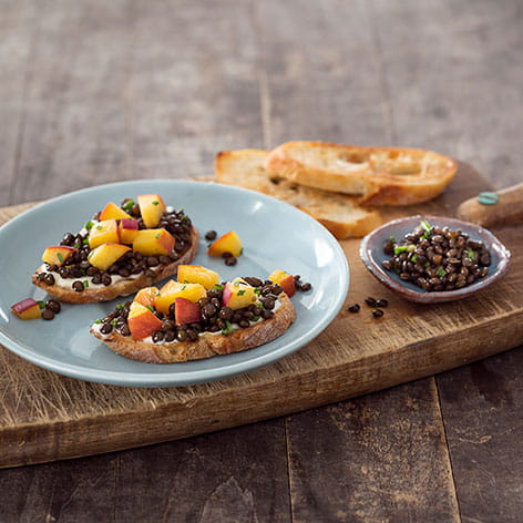 Pickled Peach and Black Beluga Lentil Toasts