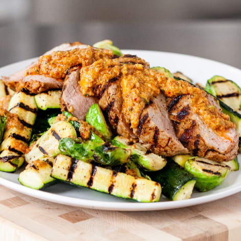 Pork Tenderloin with Summer Romesco and Brussels Sprouts