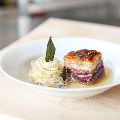 Pumpkin Consomme with Roasted Pork Belly