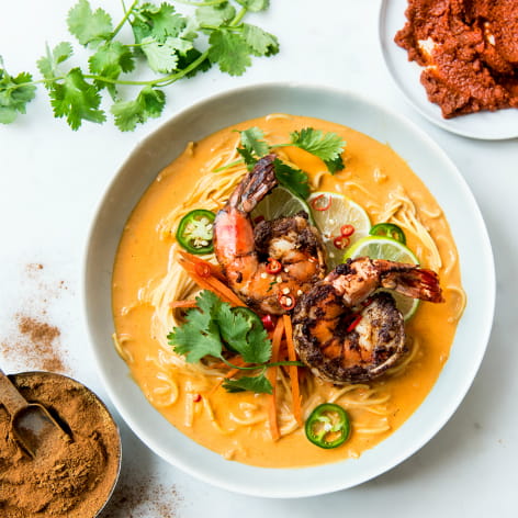 Red Curry Noodle Bowl with Spice Rubbed Shrimp