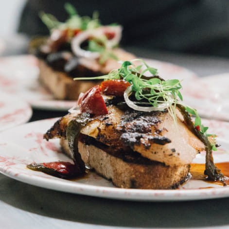 Wild Whiskey Smoked BBQ Glazed Pork Jowl on Toast and Charred Peppers