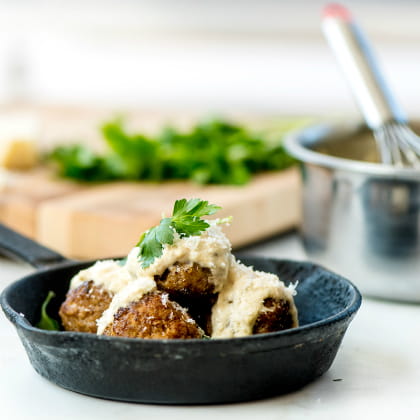 Zesty Pork Meatballs with Cumin and Garlic Cream
