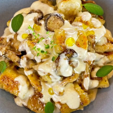 cauliflower gnocchi with mushrooms and truffle oil