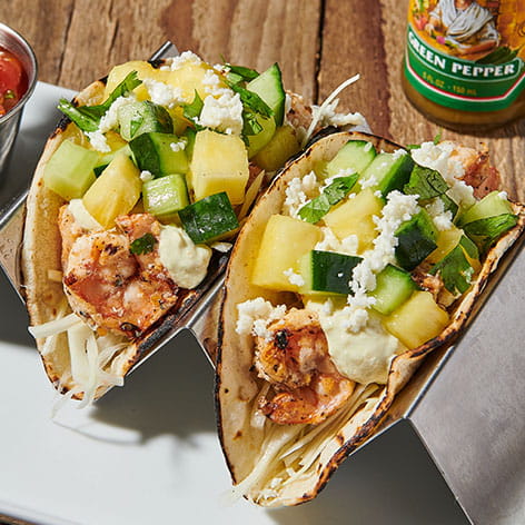 Cholula Cucumber Pineapple Shrimp Tacos