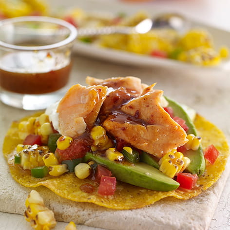 Salmon Tostada with Charred Corn Relish