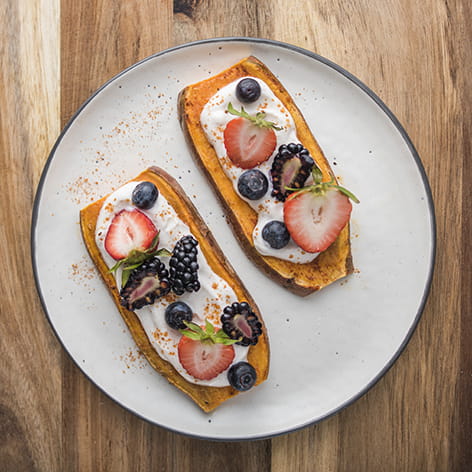Sweet Potato Toast with Cinnamon Yogurt and Berries