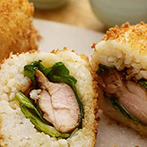 fried_chicken_rice_balls_with_creamy_plum_vinegar_ginger_sauce